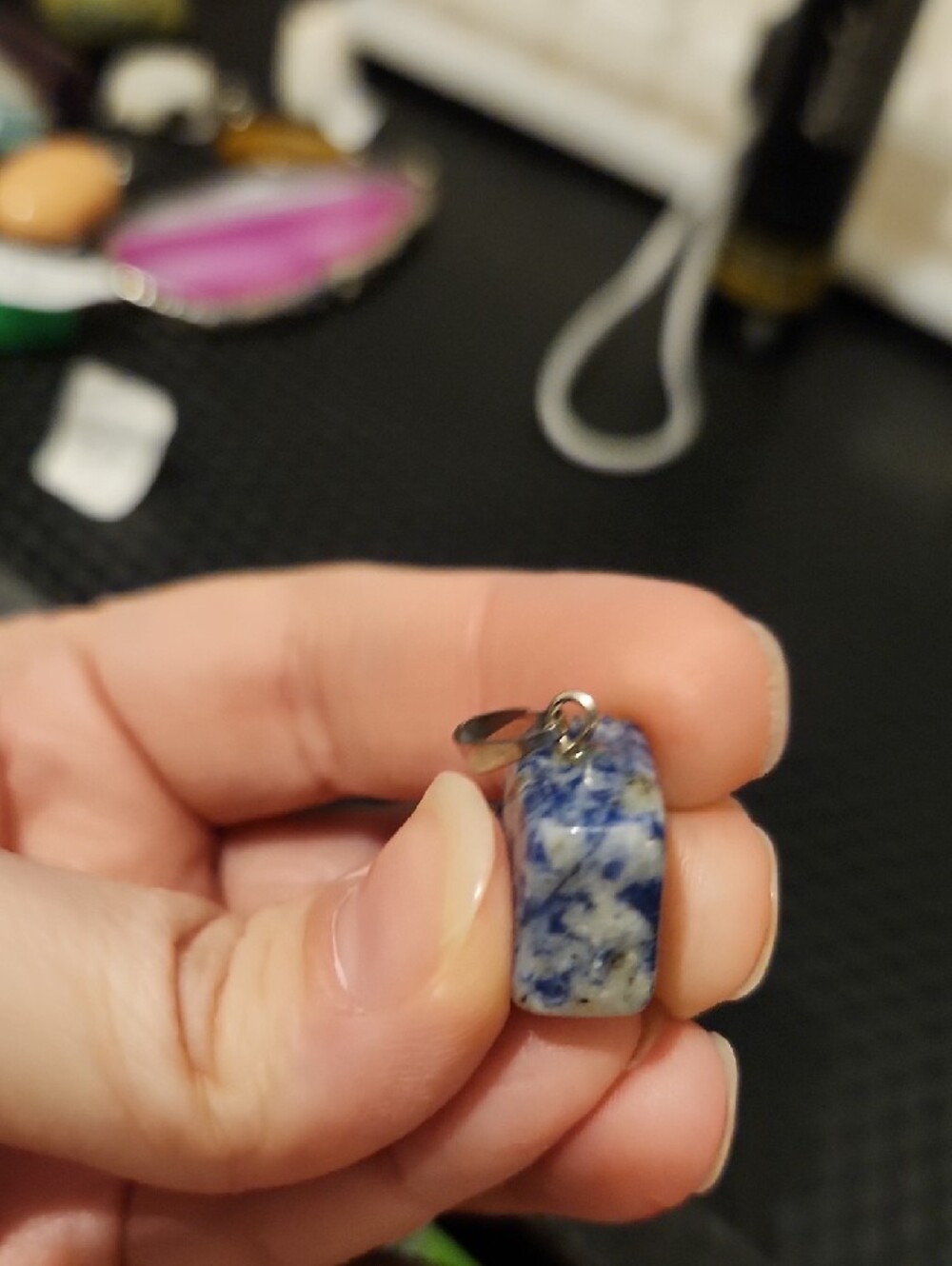 Batch of 4 Stone Pendants! Lapis Lazuli, White Onyx, Green Aventurine, Pink Qtz - Picture 5 of 15